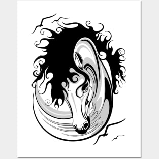 Horse Surreal Black and White Tattoo Style Portrait Posters and Art